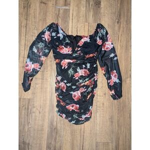 Guess Size Large Black Gloral Mesh Overlay Bodycon Ruched Mini Dress